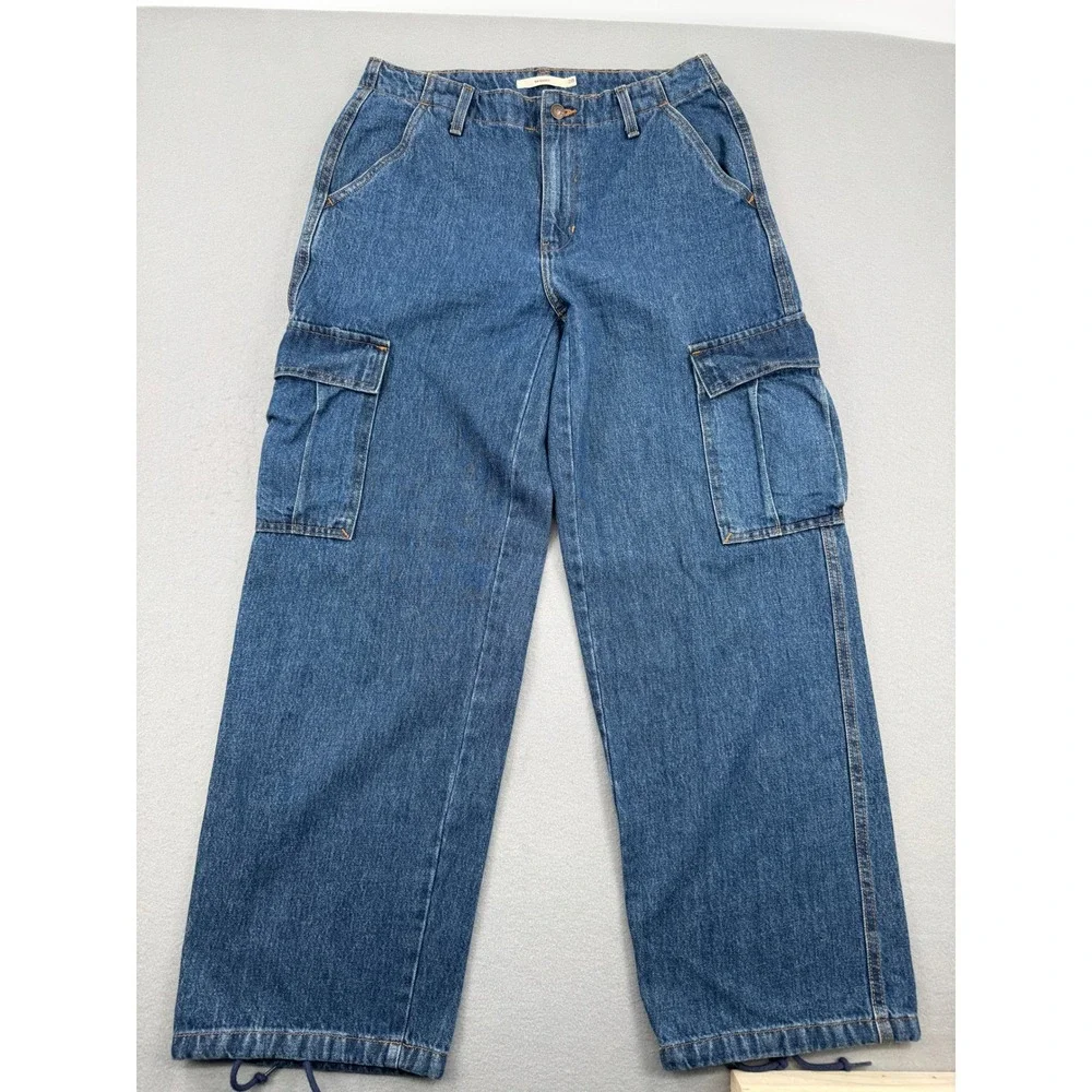 Levis '94 Baggy Cargo Jeans Womens 28 (32x30) Blue Wide Leg Drawstring Hem Y2K